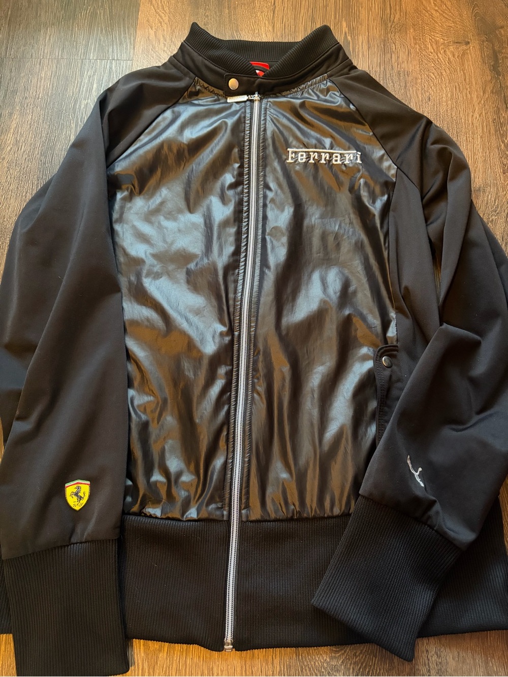 Ferrari Black Shiny-Front Bomber Jacket